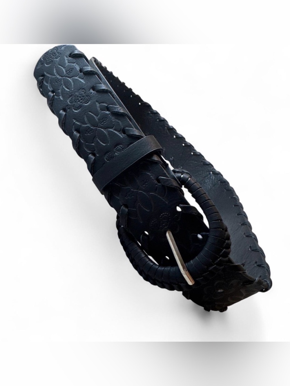 Embossed Floral Black Leather Belt with Wrapped Buckle